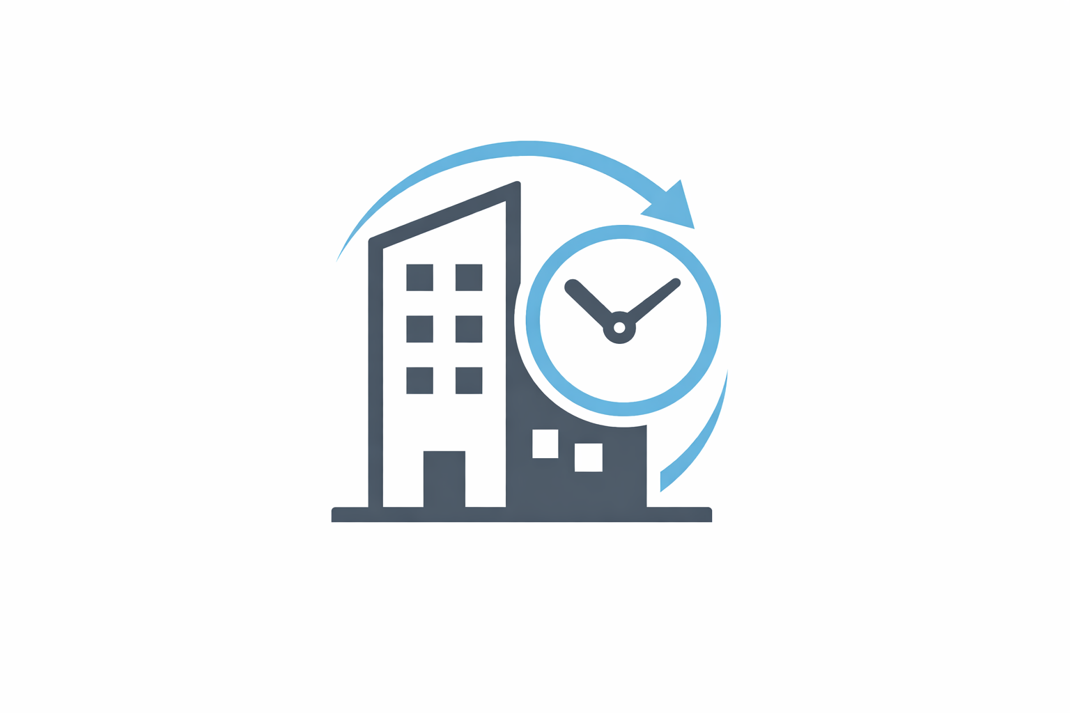 modern minimal icon of a building with a clock symbol and subtle lifecycle arrow soft blue accent color flat design clean geometric shapes professiona-1