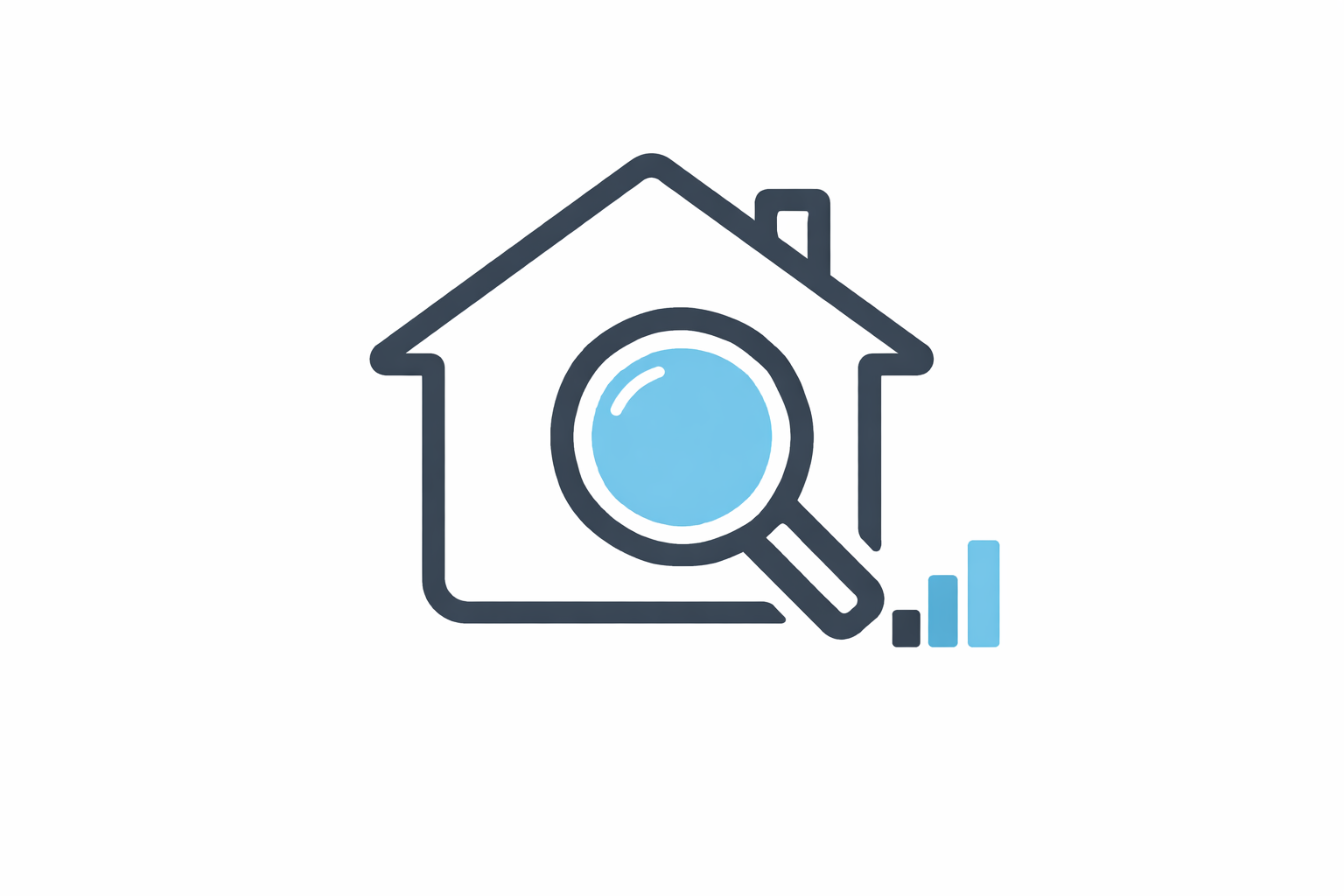 modern minimal icon of a house with a magnifying glass and small chart element soft blue accent color clean geometric shapes flat design professional-1