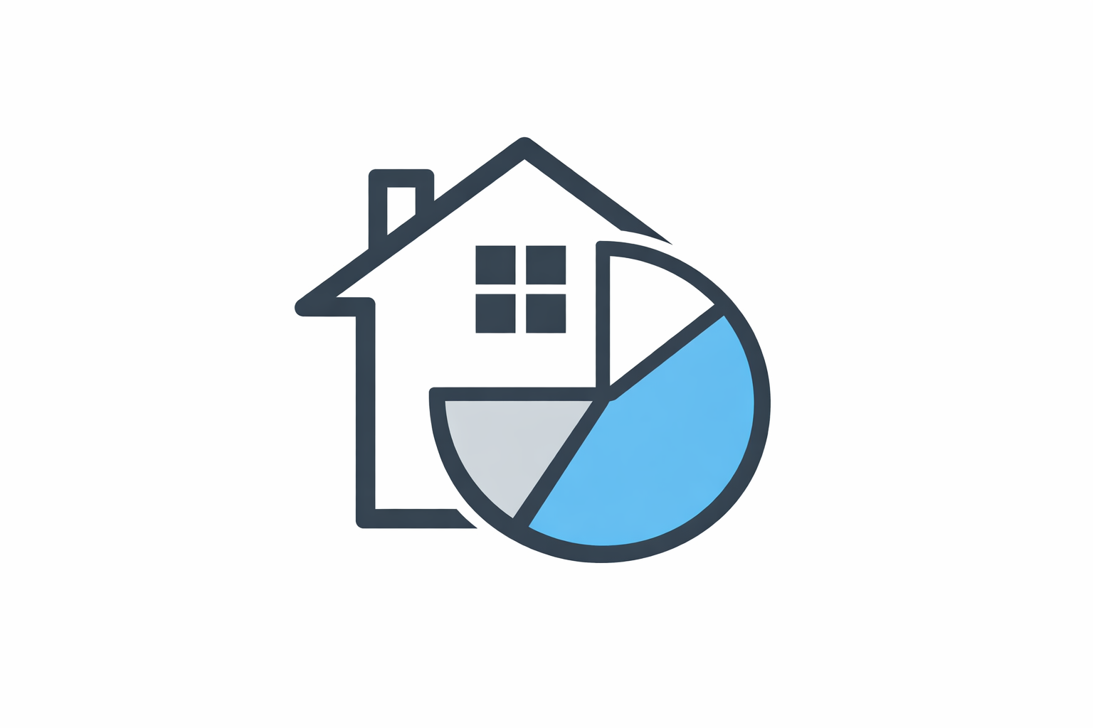 modern minimal icon of a house with a split pie chart representing value allocation soft blue accent color flat design clean geometric shapes professi-1-1